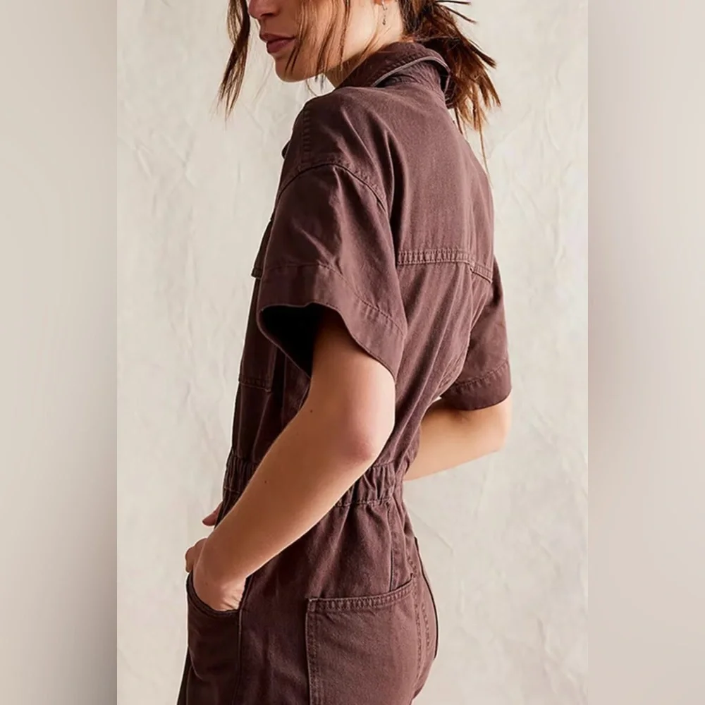 Free People Brown Short-Sleeve Denim Romper - Picture 16 of 16